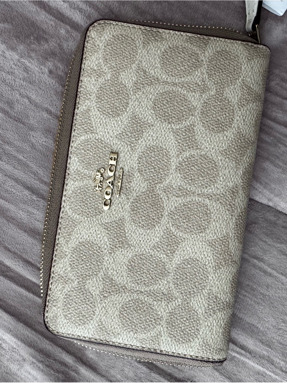 COACH Beige Signature Zip Wallet with Gold Logo
